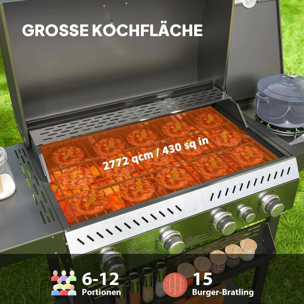 Outsunny dujinis grilis, 12 kW, 4+1 degikliai, nerūdijančio plieno grilio vežimėlis su šoniniu degikliu, termometru, grotelėmis, kaitlente, butelių atidarytuvu ir šoninėmis lentynomis, dujinis grilis balkonui, stovyklavimui, 135 x 55 x 103 cm