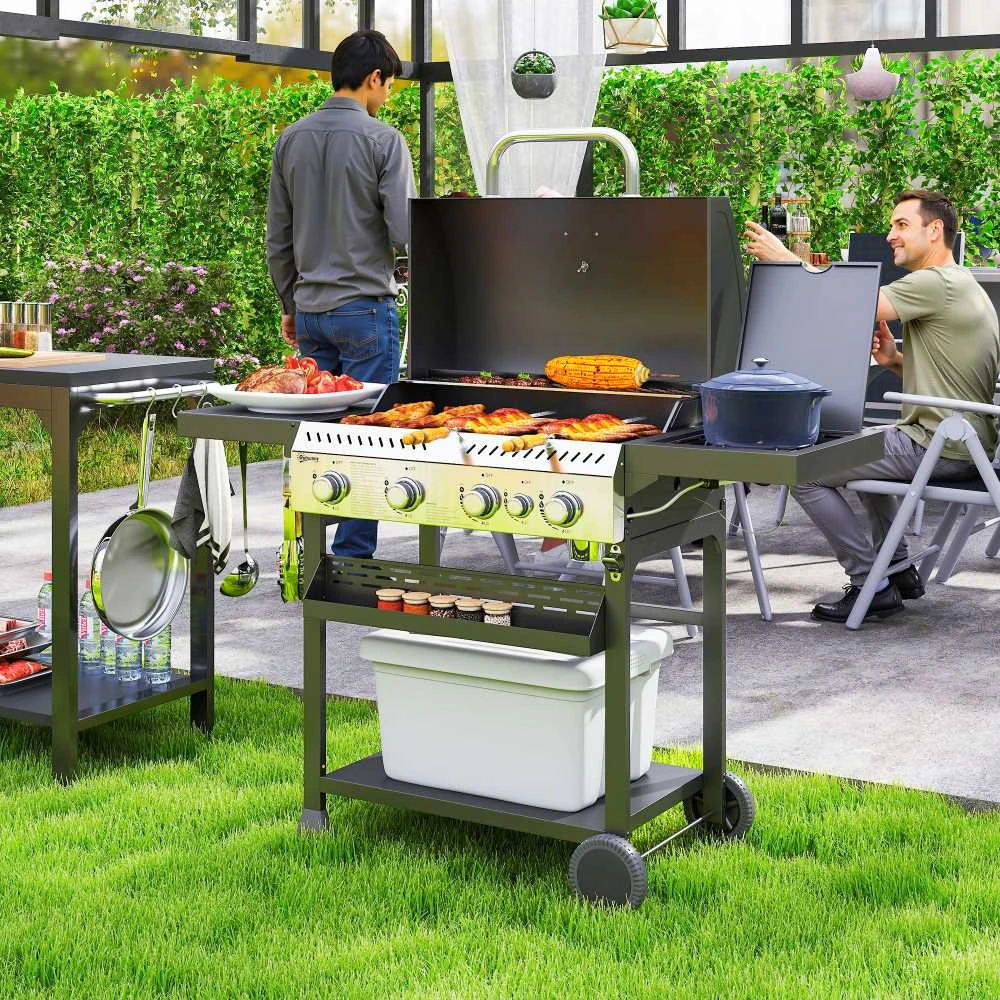 Outsunny dujinis grilis, 12 kW, 4+1 degikliai, nerūdijančio plieno grilio vežimėlis su šoniniu degikliu, termometru, grotelėmis, kaitlente, butelių atidarytuvu ir šoninėmis lentynomis, dujinis grilis balkonui, stovyklavimui, 135 x 55 x 103 cm