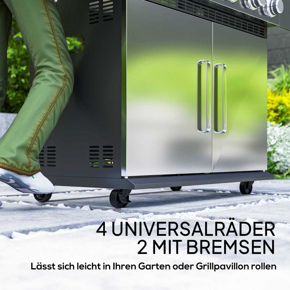 Outsunny dujinis grilis 8500 BTU vežimėlis su 6 nerūdijančio plieno degikliais, termometru, slėgio reguliatoriumi, žarna ir šoninėmis lentynomis, 141 x 55 x 110 cm