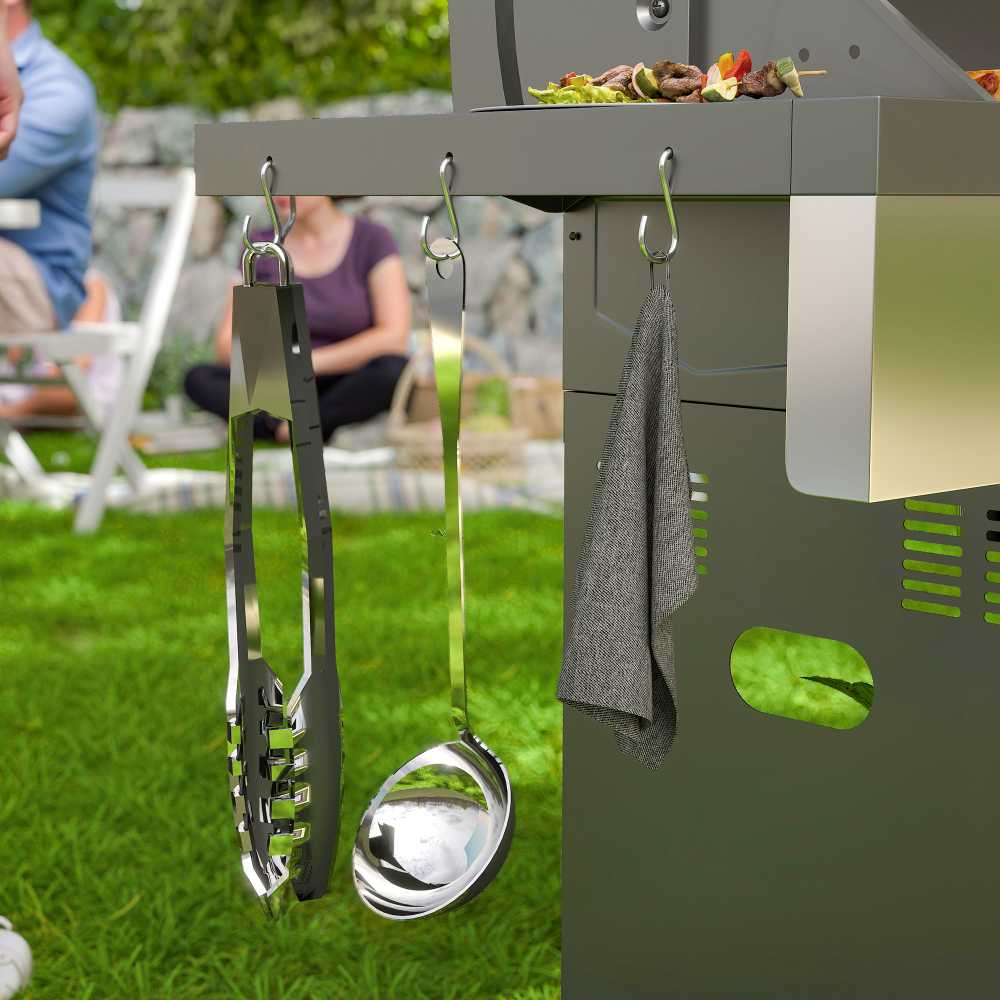 Outsunny dujinis grilis 8500 BTU vežimėlis su 6 nerūdijančio plieno degikliais, termometru, slėgio reguliatoriumi, žarna ir šoninėmis lentynomis, 141 x 55 x 110 cm