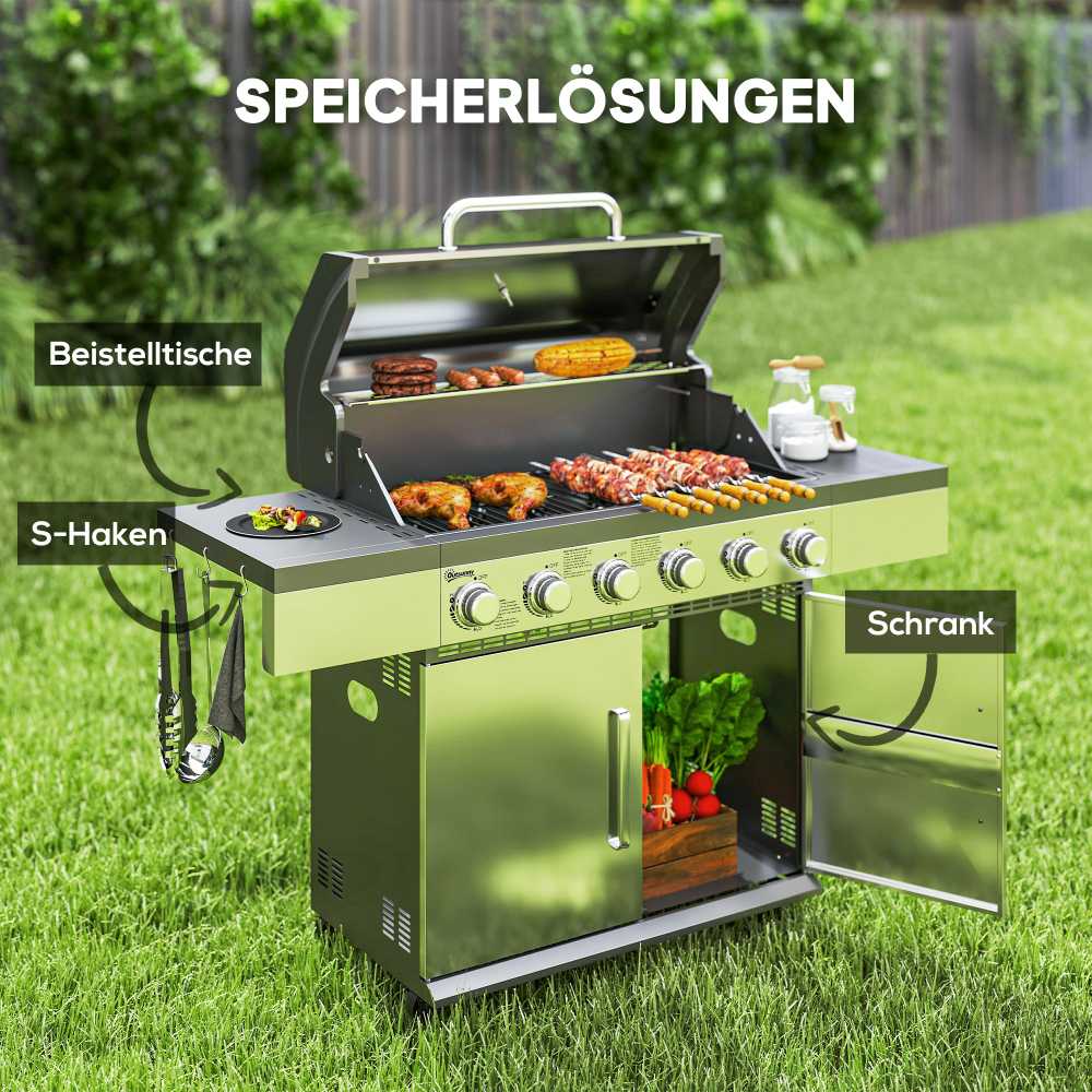 Outsunny dujinis grilis 8500 BTU vežimėlis su 6 nerūdijančio plieno degikliais, termometru, slėgio reguliatoriumi, žarna ir šoninėmis lentynomis, 141 x 55 x 110 cm