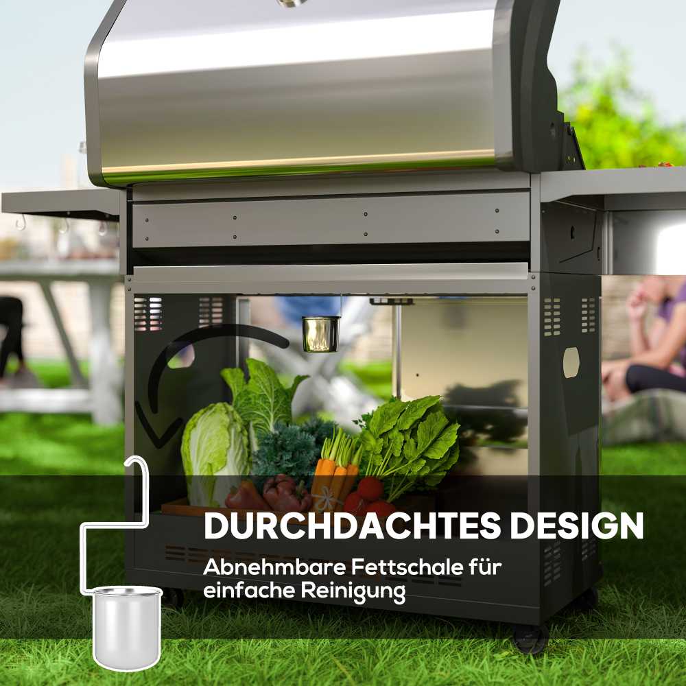 Outsunny dujinis grilis 8500 BTU vežimėlis su 6 nerūdijančio plieno degikliais, termometru, slėgio reguliatoriumi, žarna ir šoninėmis lentynomis, 141 x 55 x 110 cm