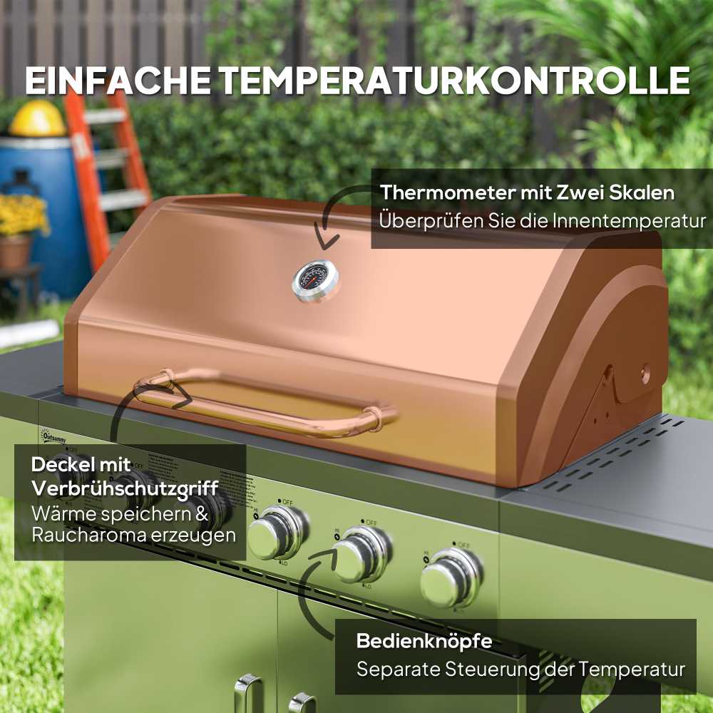 Outsunny dujinis grilis 8500 BTU vežimėlis su 6 nerūdijančio plieno degikliais, termometru, slėgio reguliatoriumi, žarna ir šoninėmis lentynomis, 141 x 55 x 110 cm