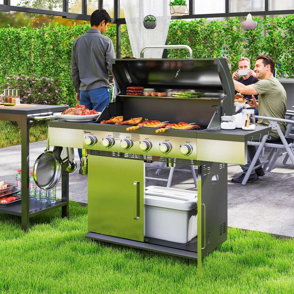 Outsunny dujinis grilis 8500 BTU vežimėlis su 6 nerūdijančio plieno degikliais, termometru, slėgio reguliatoriumi, žarna ir šoninėmis lentynomis, 141 x 55 x 110 cm