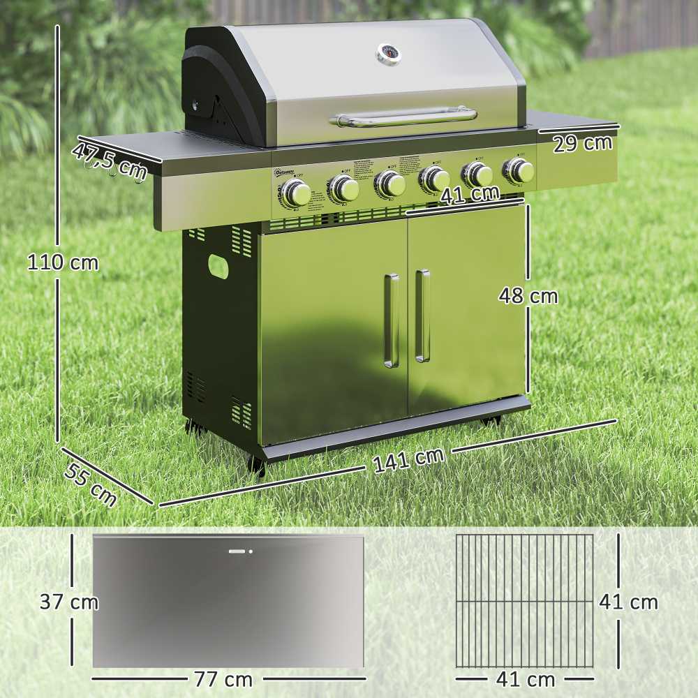 Outsunny dujinis grilis 8500 BTU vežimėlis su 6 nerūdijančio plieno degikliais, termometru, slėgio reguliatoriumi, žarna ir šoninėmis lentynomis, 141 x 55 x 110 cm