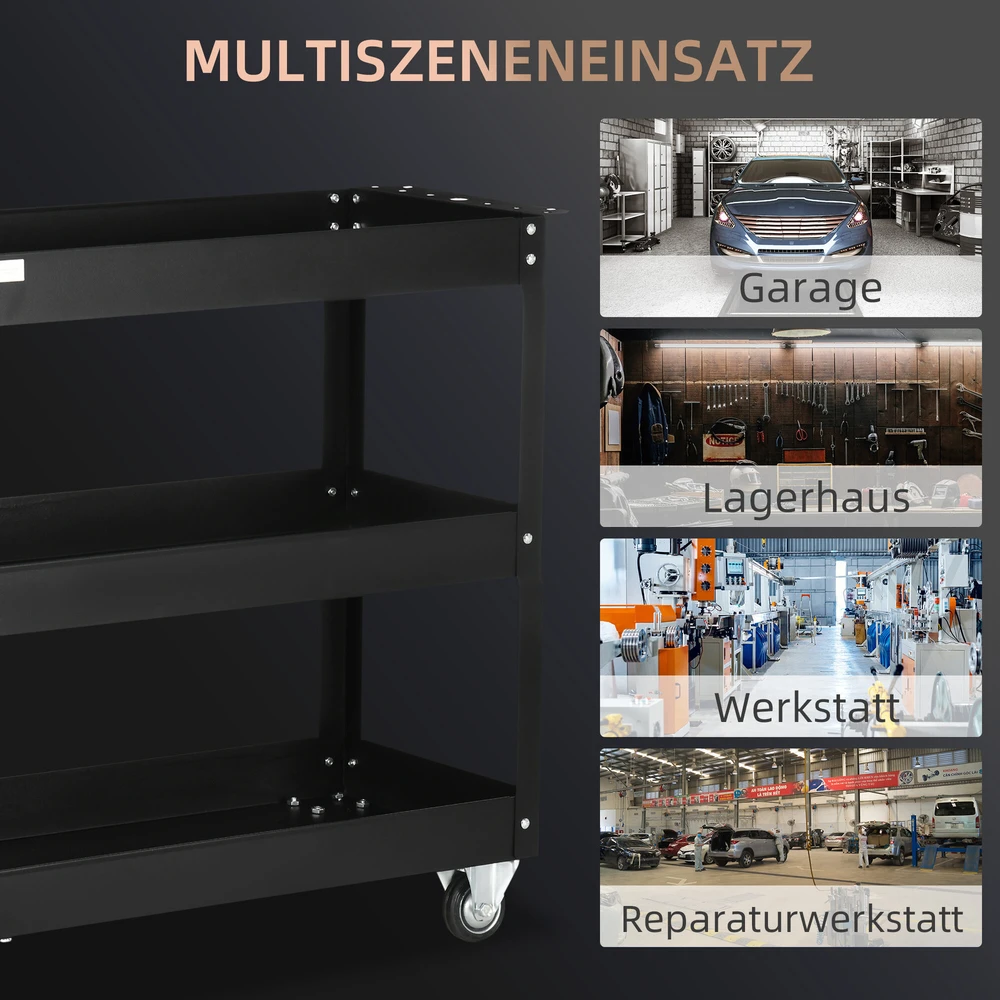 DURHAND plieno dirbtuvių vežimėlis su 3 lentynomis, ratukais ir rankena – maks. apkrova 150 kg – 83 x 35,3 x 76 cm, juodas