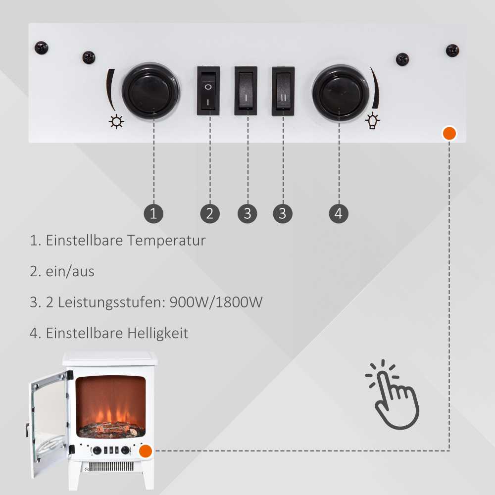 HOMCOM LED elektrinis židinys Stovintis židinys Krosnelė su liepsnos efektu 900/1800 W Metalas ABS plastikas Stiklas Balta 39 x 26 x 54,8 cm