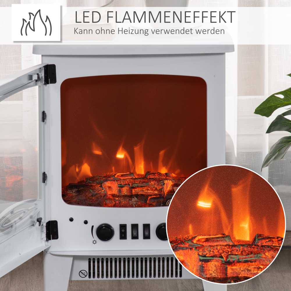 HOMCOM LED elektrinis židinys Stovintis židinys Krosnelė su liepsnos efektu 900/1800 W Metalas ABS plastikas Stiklas Balta 39 x 26 x 54,8 cm