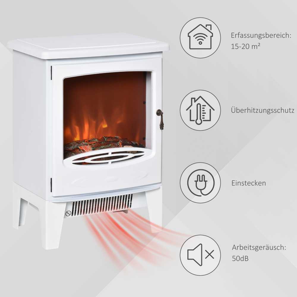 HOMCOM LED elektrinis židinys Stovintis židinys Krosnelė su liepsnos efektu 900/1800 W Metalas ABS plastikas Stiklas Balta 39 x 26 x 54,8 cm