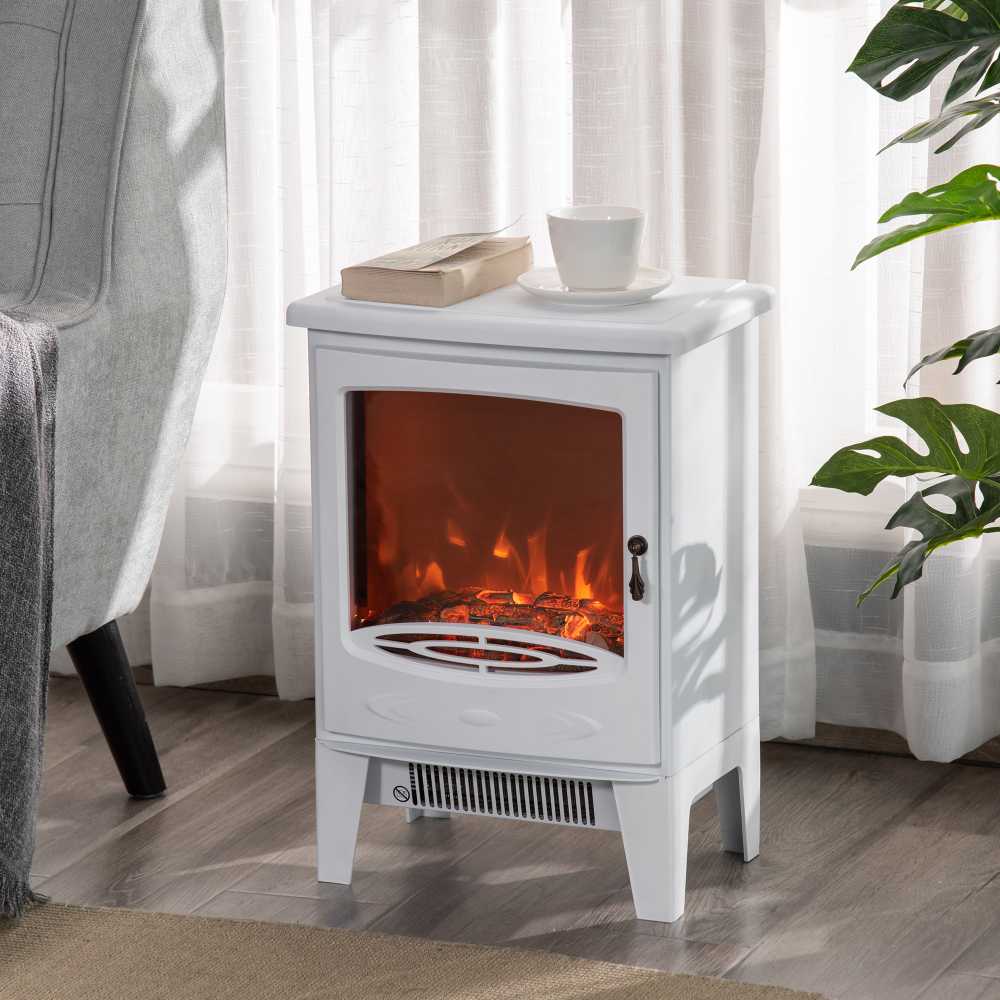HOMCOM LED elektrinis židinys Stovintis židinys Krosnelė su liepsnos efektu 900/1800 W Metalas ABS plastikas Stiklas Balta 39 x 26 x 54,8 cm