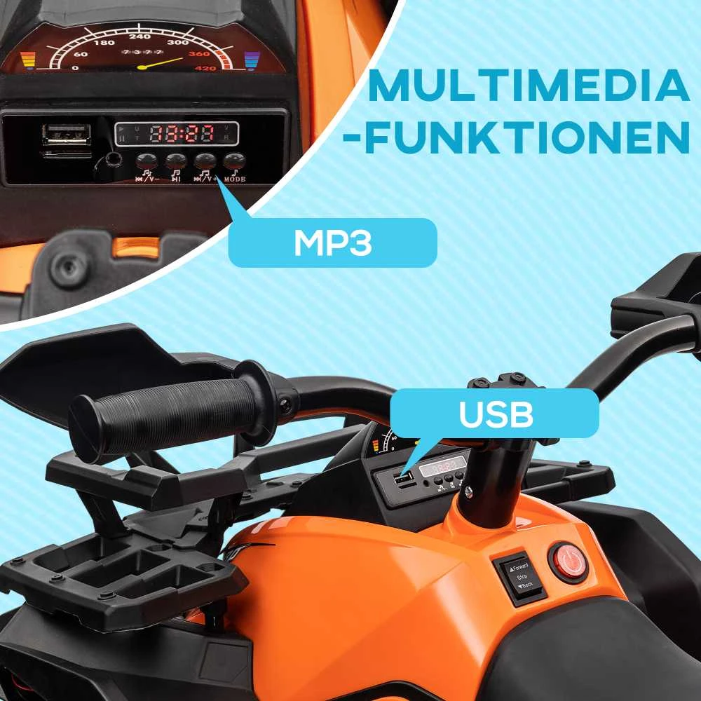 Vaikiškas keturratis HOMCOM, 12V 10Ah, su pirmyn ir atgal važiavimo funkcija, 2 varikliais, USB jungtimi, MP3 grotuvu, žibintais, 3-8 km/val., vaikams nuo 3-5 metų, oranžinis
