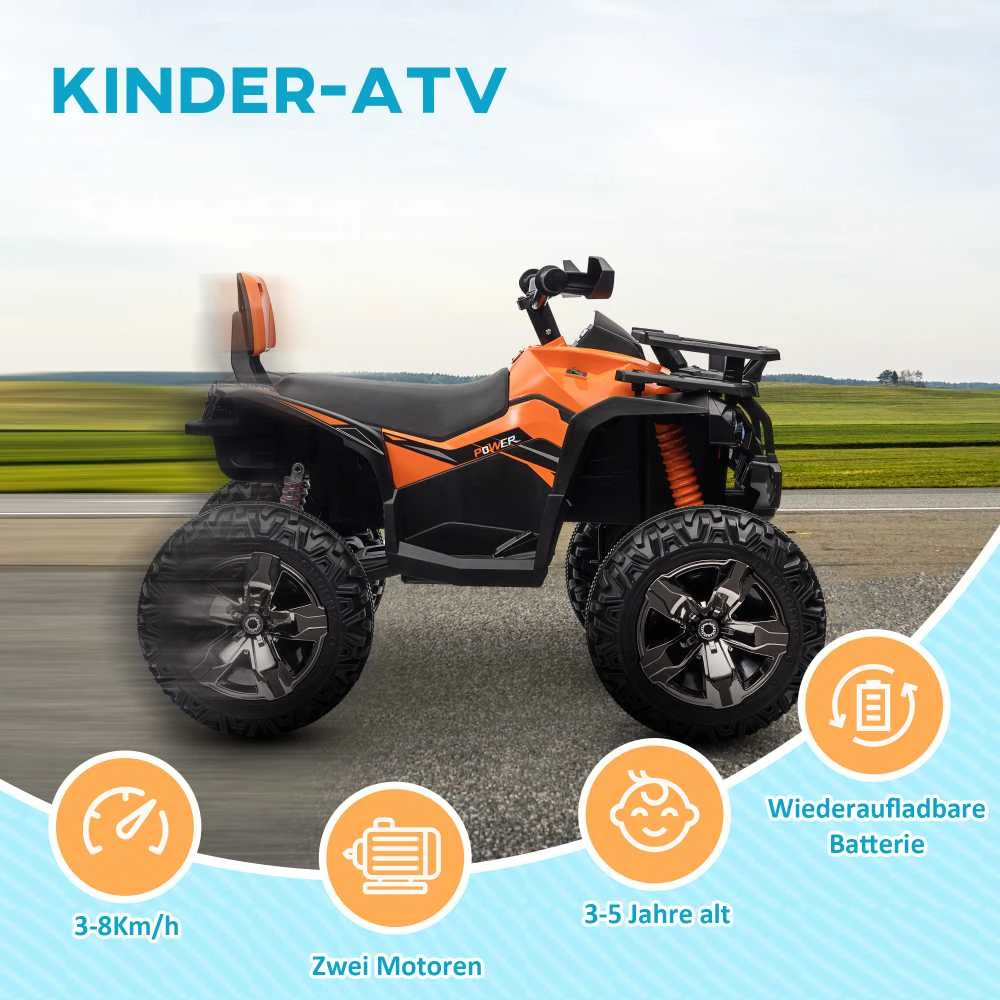 Vaikiškas keturratis HOMCOM, 12V 10Ah, su pirmyn ir atgal važiavimo funkcija, 2 varikliais, USB jungtimi, MP3 grotuvu, žibintais, 3-8 km/val., vaikams nuo 3-5 metų, oranžinis