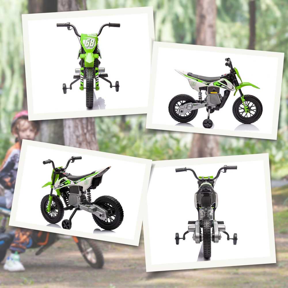 AIYAPLAY vaikiškas elektrinis motociklas, 12V vaikiškas motociklas su muzika, vaikiška transporto priemonė su nuimamais mokomaisiais ratais, 2,4-5 km/val., skirtas 3-6 metų vaikams, ne daugiau kaip 30 kg, žalias