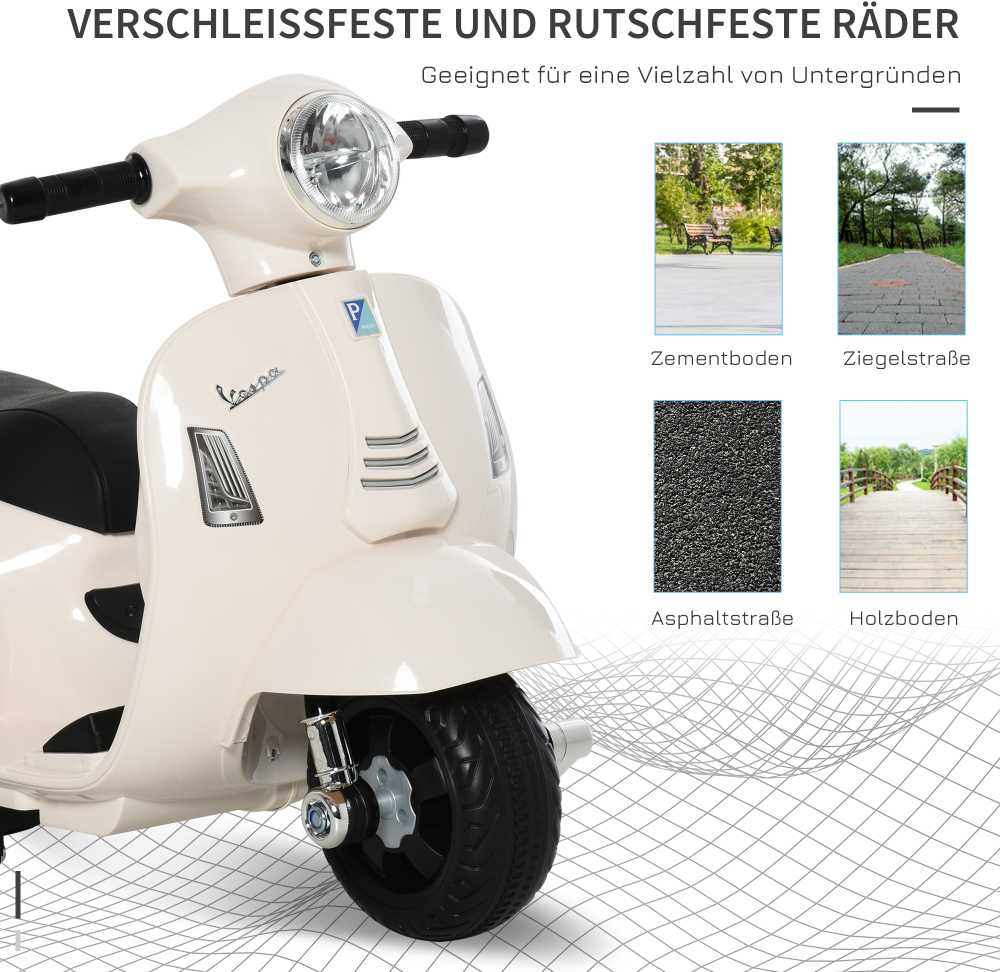 HOMCOM VESPA elektrinis motociklas vaikams, 18-36 mėn., 3 km/h, LED šviesa & garsas, PP plastikas & metalas, baltas, 66,5x38x52cm
