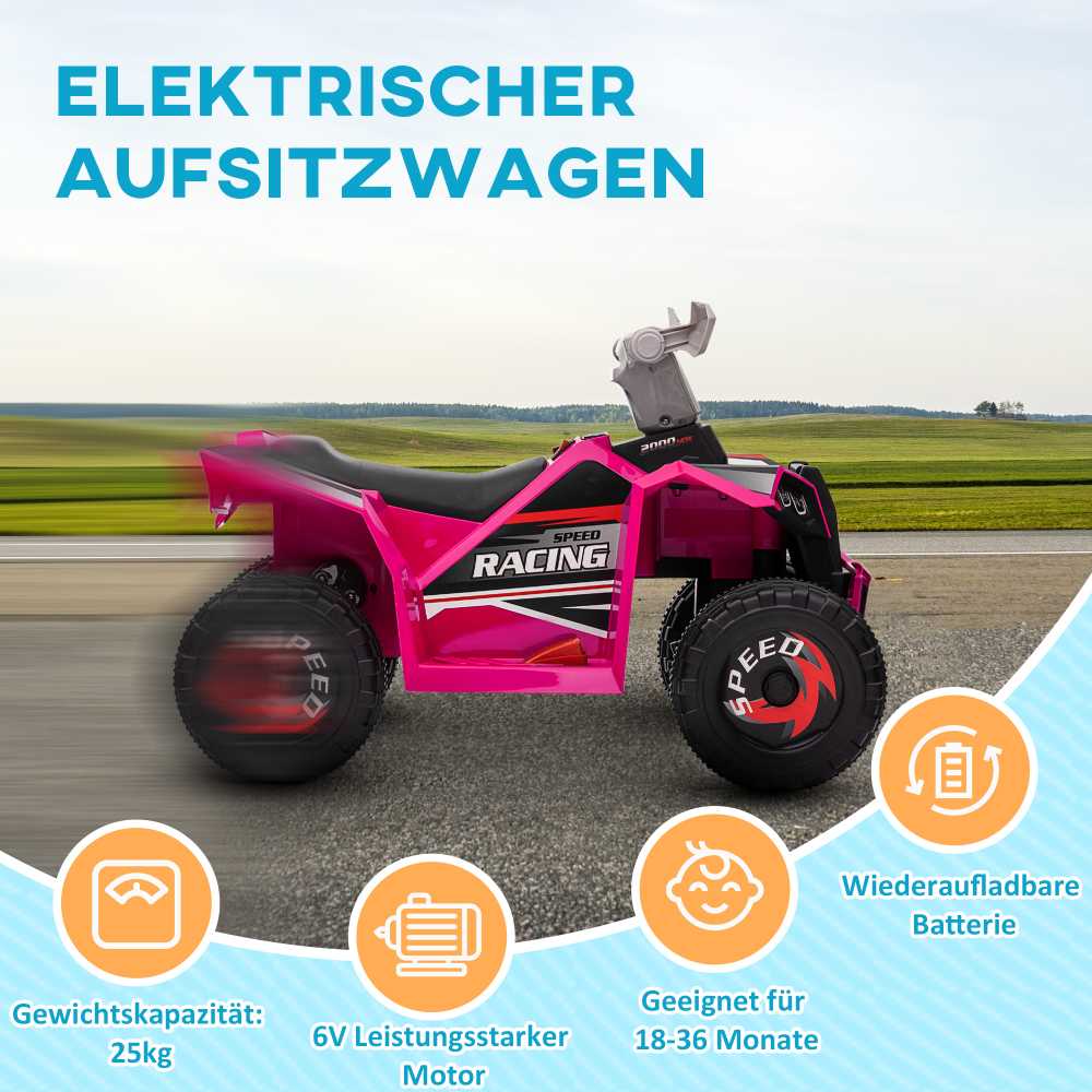HOMCOM elektrinis keturratis vaikams, mini keturratis su pirmyn/atgal funkcija, 6 V elektrinis transporto priemonė vaikams 1,5–3 metų, 2,5 km/val., rožinis