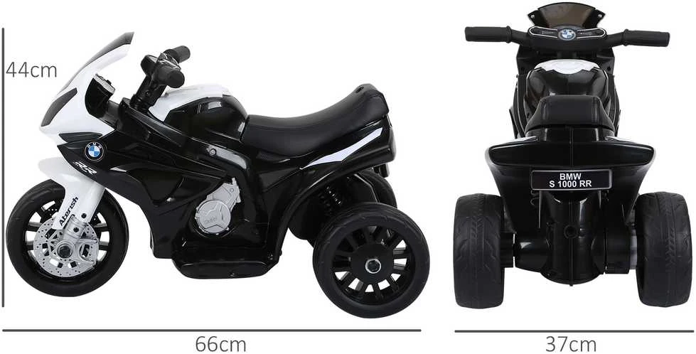 HOMCOM BMW S1000RR licencijuotas elektrinis vaikiškas motociklas, vaikiška transporto priemonė su akumuliatoriumi, triratis, plienas, juodas, 66x37x44 cm