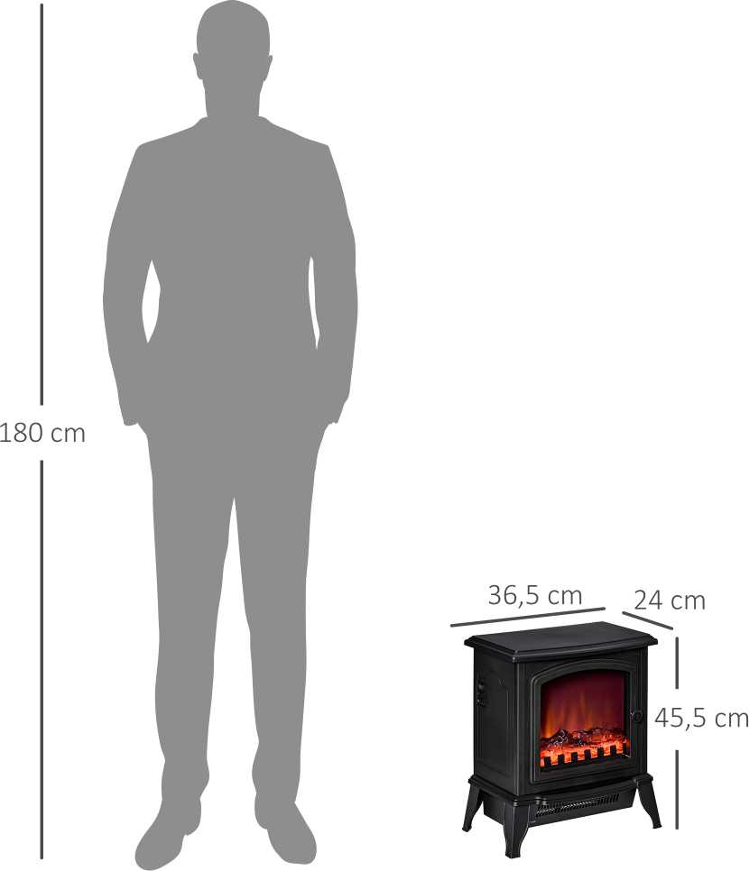 HOMCOM Elektrinis židinys, stovintis židinys su LED liepsnos efektu, 2000W krosnelė su apsauga nuo perkaitimo, skirtas svetainei, miegamajam, metalinis, juodas