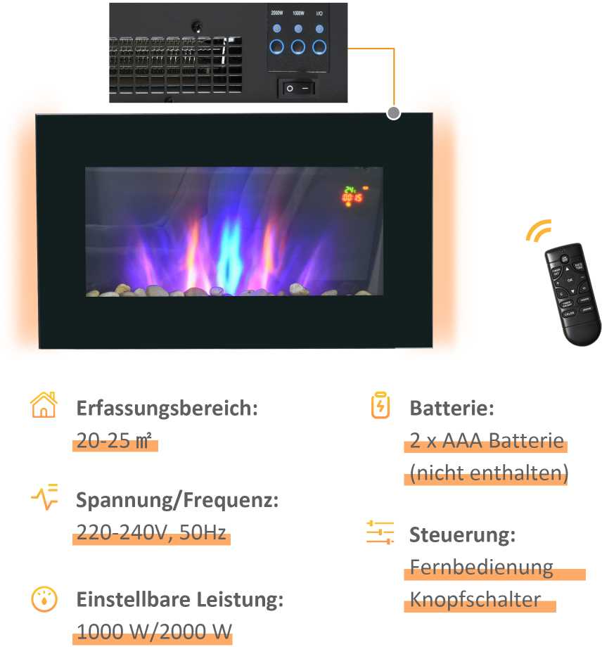 "HOMCOM" elektrinis židinys su LED liepsnos efektu, 1000/2000W 7 spalvų sieninis židinys, elektrinis židinys su nuotolinio valdymo pulteliu, montuojamas ant sienos, juodas