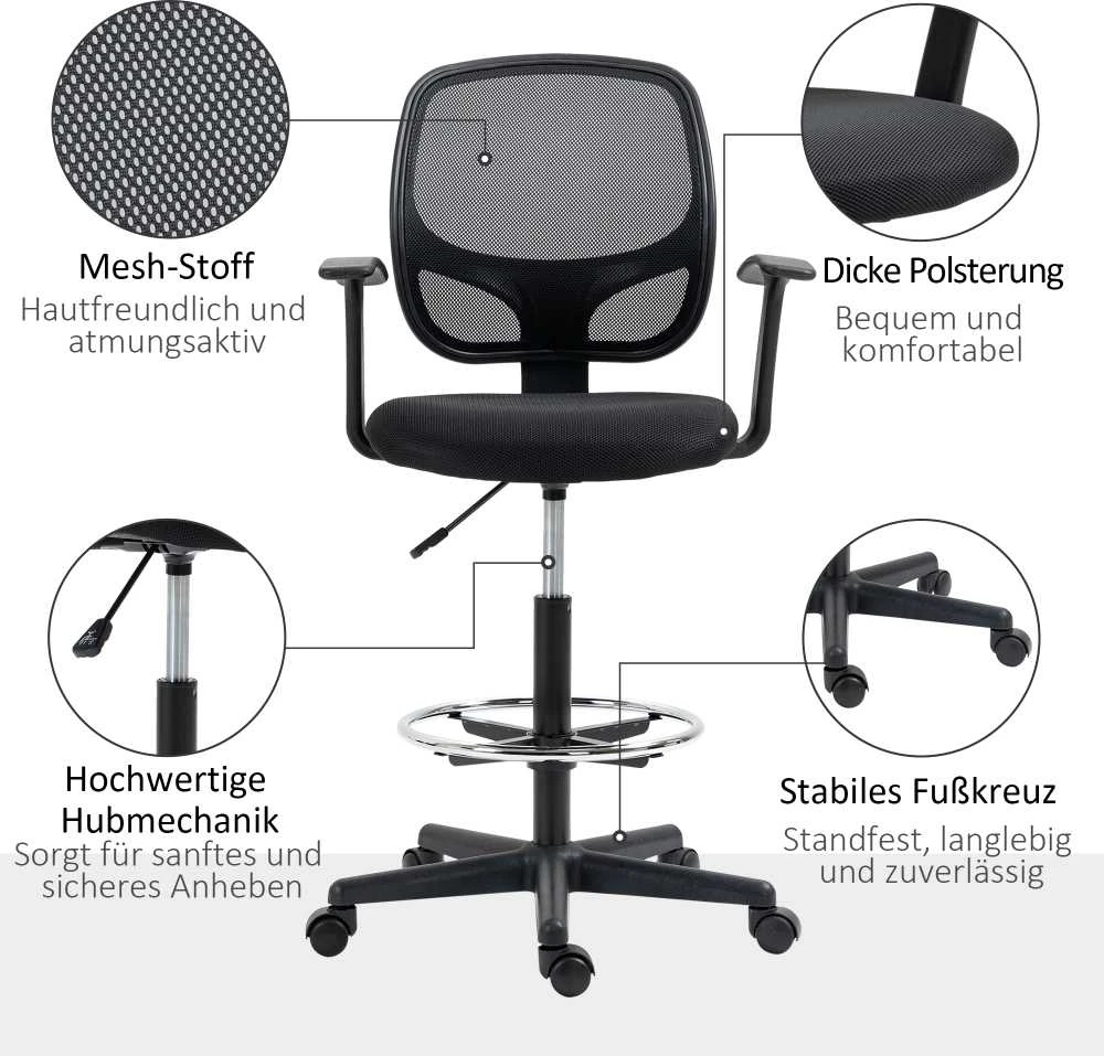 Vinsetto ergonominė biuro kėdė, darbo kėdė, sukamoji kėdė, kėdė piešimui, reguliuojamas kojų žiedas, iki 120 kg, juoda, 60x56x110-132 cm