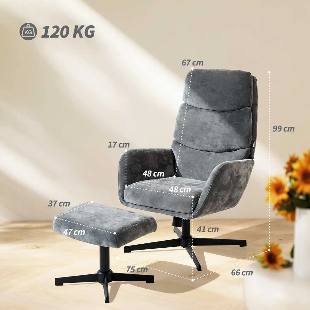 Fotelis Aosom Poilsio krėslas su pufu, 75x66x99 cm, pilka, metalas