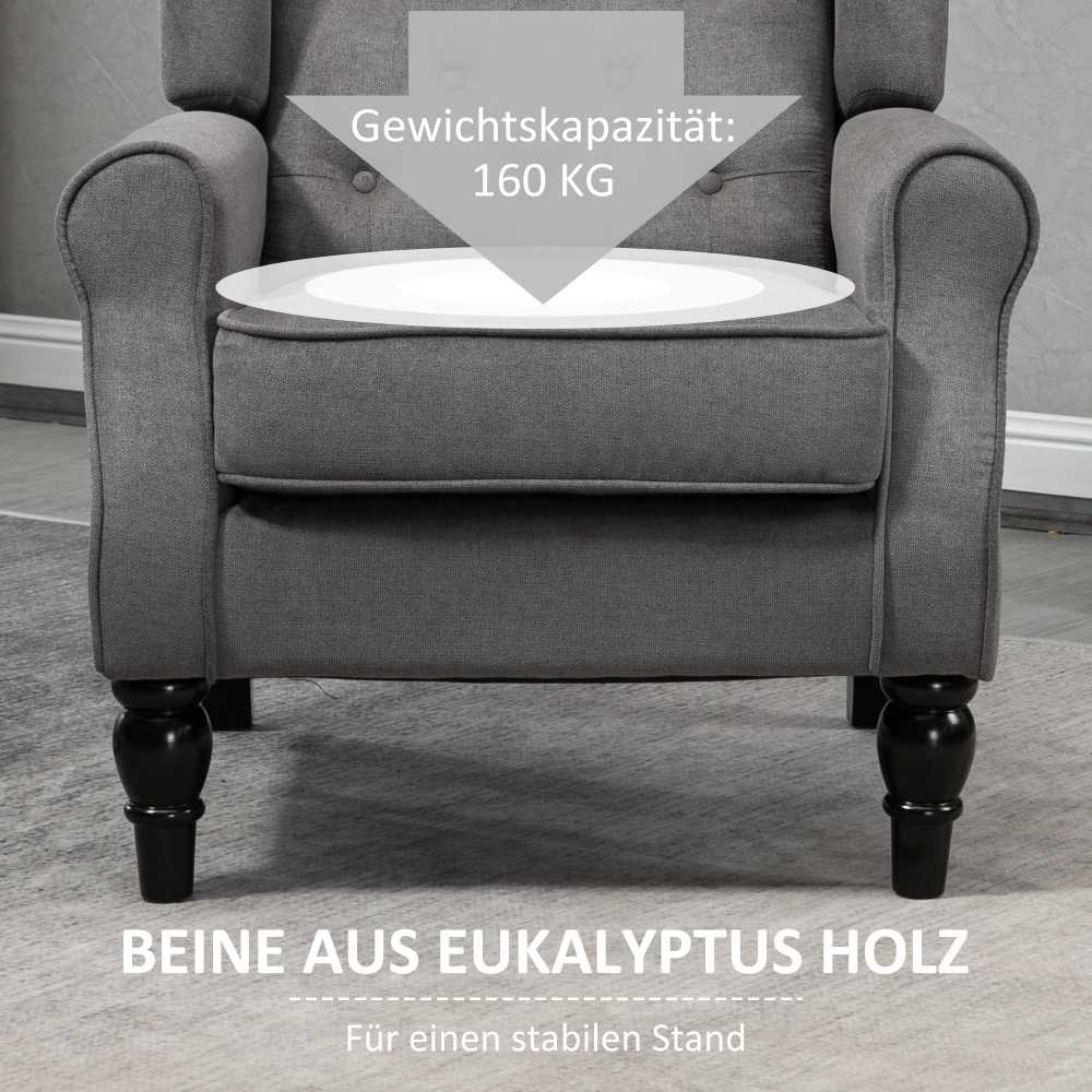 Fotelis HOMCOM vienvietis krėslas, poilsio krėslas, krėslas ausinėmis su kuoduota apdaila, medinės kojelės, poliesteris, tamsiai pilka, 74x86x102 cm
