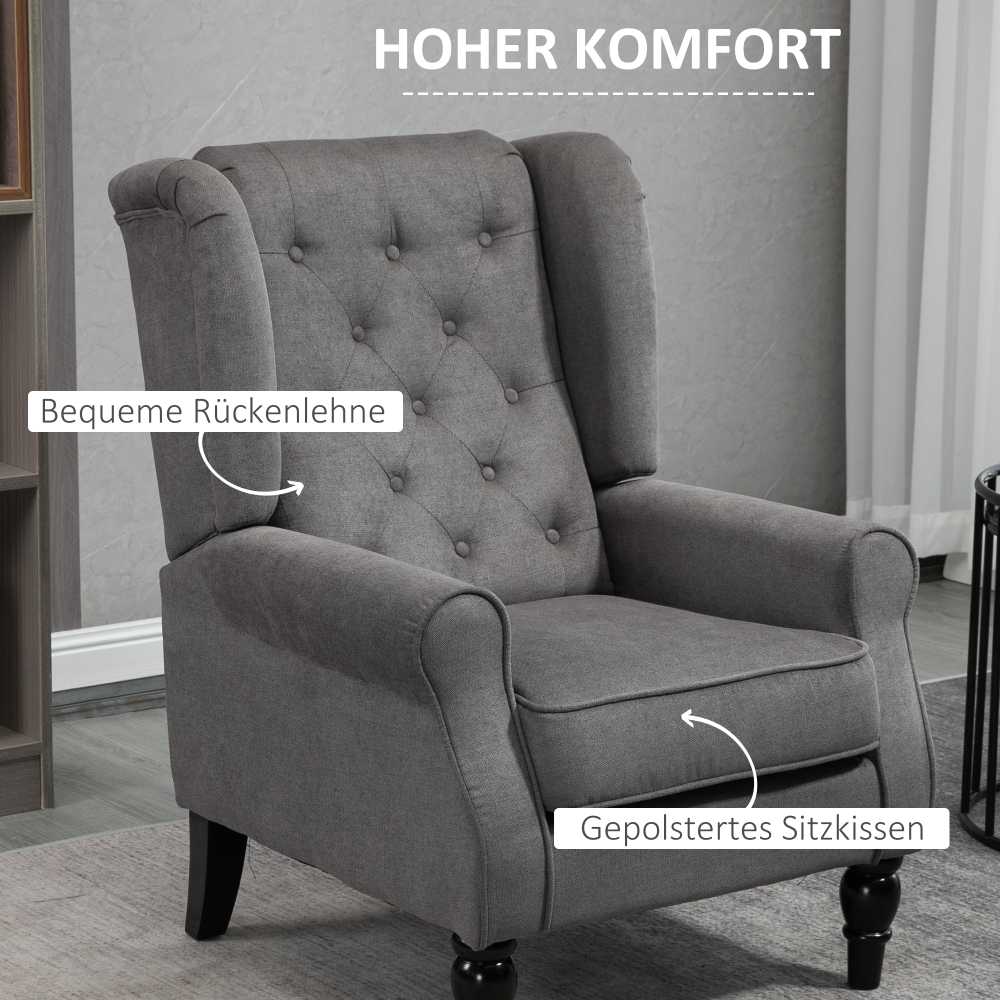 Fotelis HOMCOM vienvietis krėslas, poilsio krėslas, krėslas ausinėmis su kuoduota apdaila, medinės kojelės, poliesteris, tamsiai pilka, 74x86x102 cm