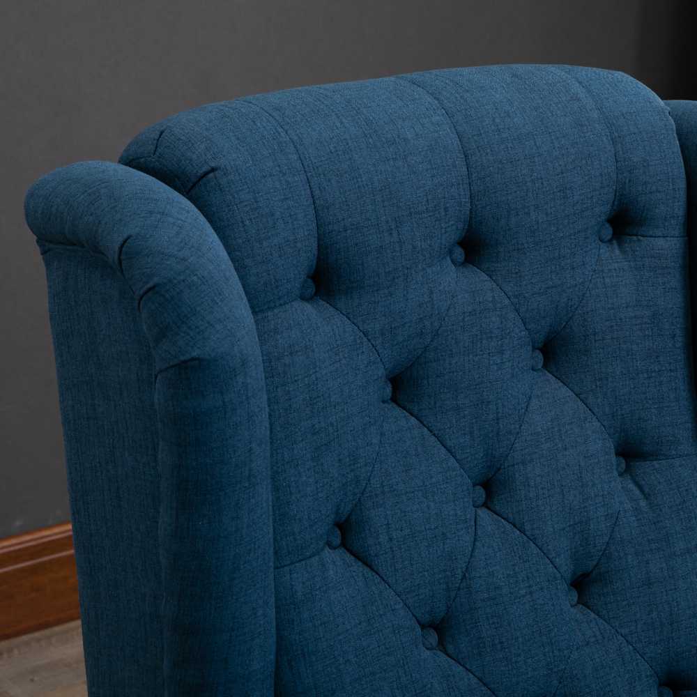 HOMCOM fotelis su „Tufting“ dekoru, aukštu atlošu, paminkštintas poilsio fotelis su užapvalintais porankiais, medinėmis kojelėmis, miegamajam, svetainei, iki 160 kg, mėlynas