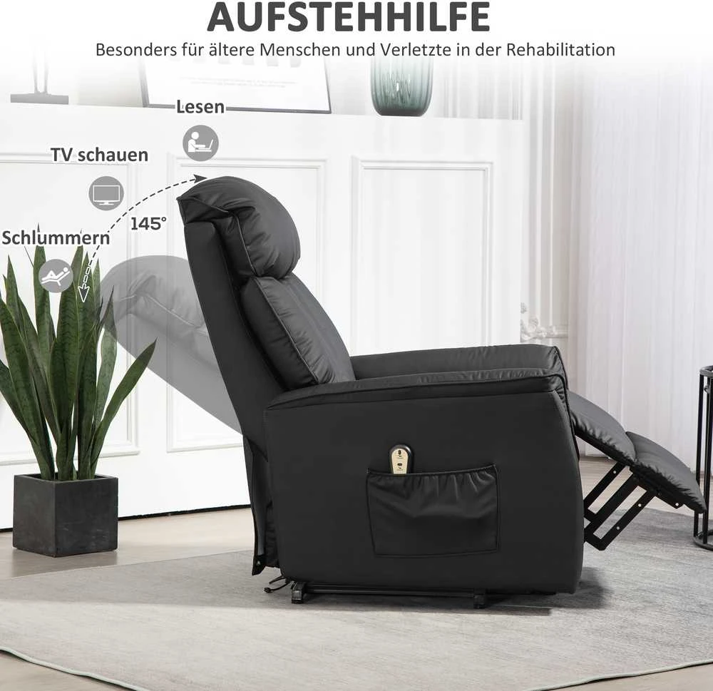 Fotelis HOMCOM Elektrinis poilsio krėslas su kėlimo funkcija, atlošimu, masažu, kojų atrama, šonine kišene, nuotoliniu pulteliu, svetainei, iki 150 kg, dirbtinė oda, juodas