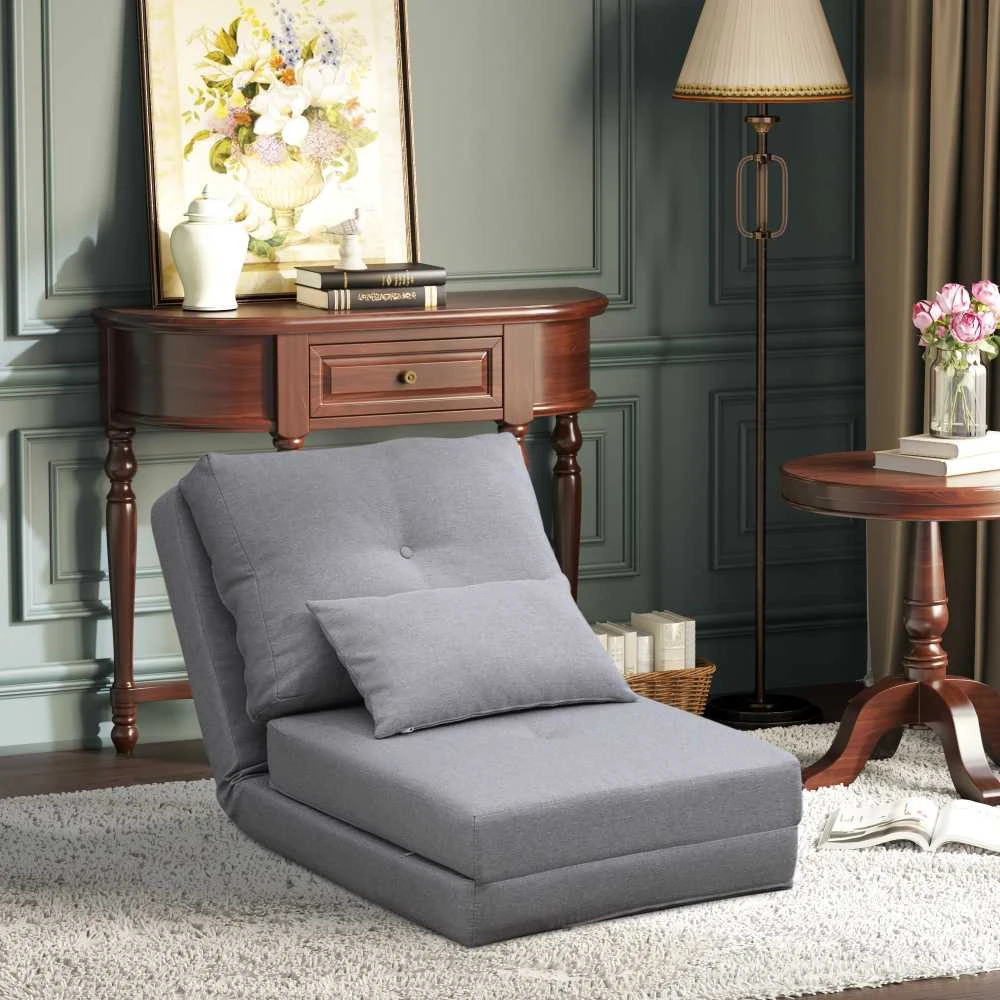 HOMCOM 2-in-1 sulankstomas grindų fotelis-lova su reguliuojamu atlošu, grindų sofa su dekoratyvine pagalve, grindų sėdimoji pagalvė svetainei, miegamajam, lininis, pilkas