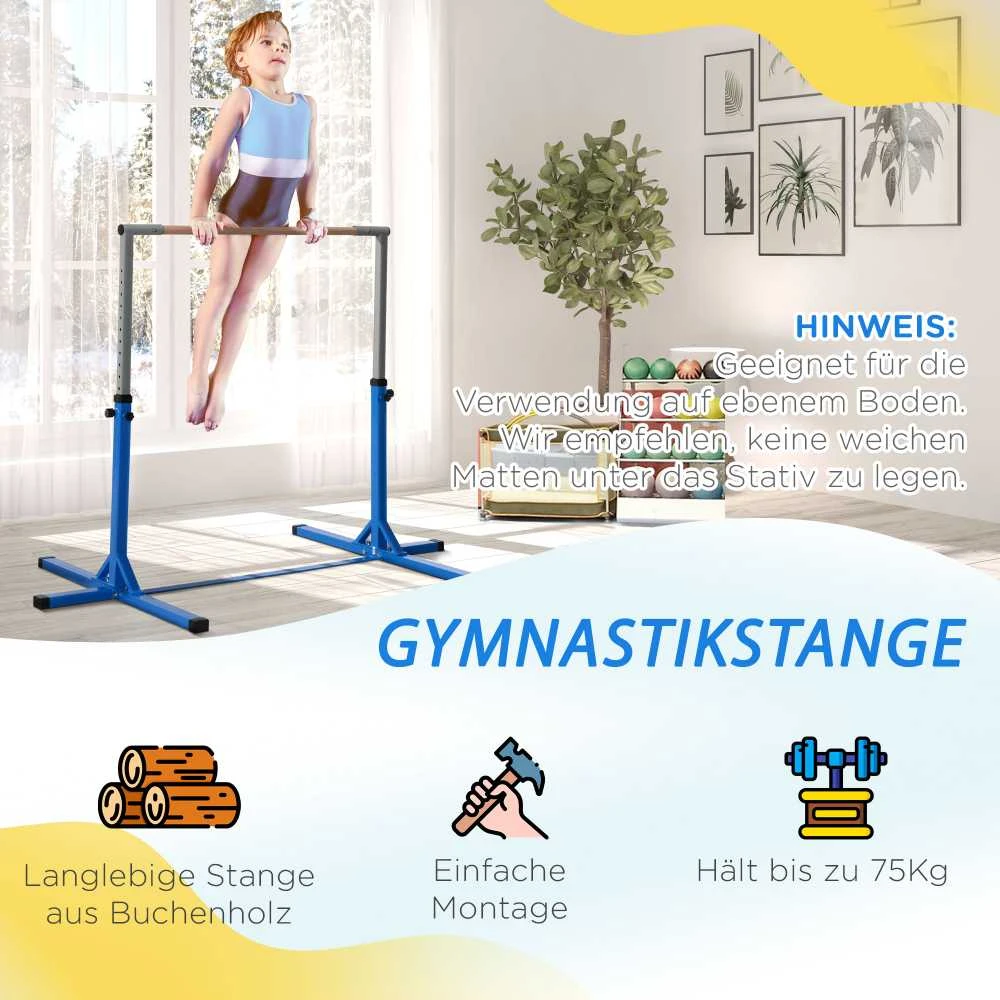 HOMCOM reguliuojamo aukščio gimnastikos skersinis, 13 lygių, iki 75 kg apkrova, plienas ir bukmedis, mėlynas, skirtas gimnastikai ir treniruotėms