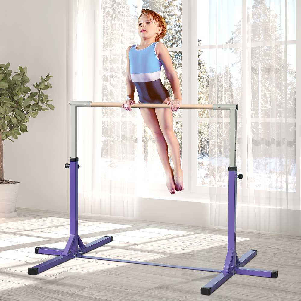 HOMCOM gimnastikos horizontalusis strypas, 13 pakopų reguliuojamo aukščio horizontalusis strypas, horizontalusis strypas pagamintas iš medžio ir tvirtos plieninės konstrukcijos, apkrova iki 75 kg, skirtas 3+ vaikams, skirtas patalpoms, lauke, violetinės spalvos