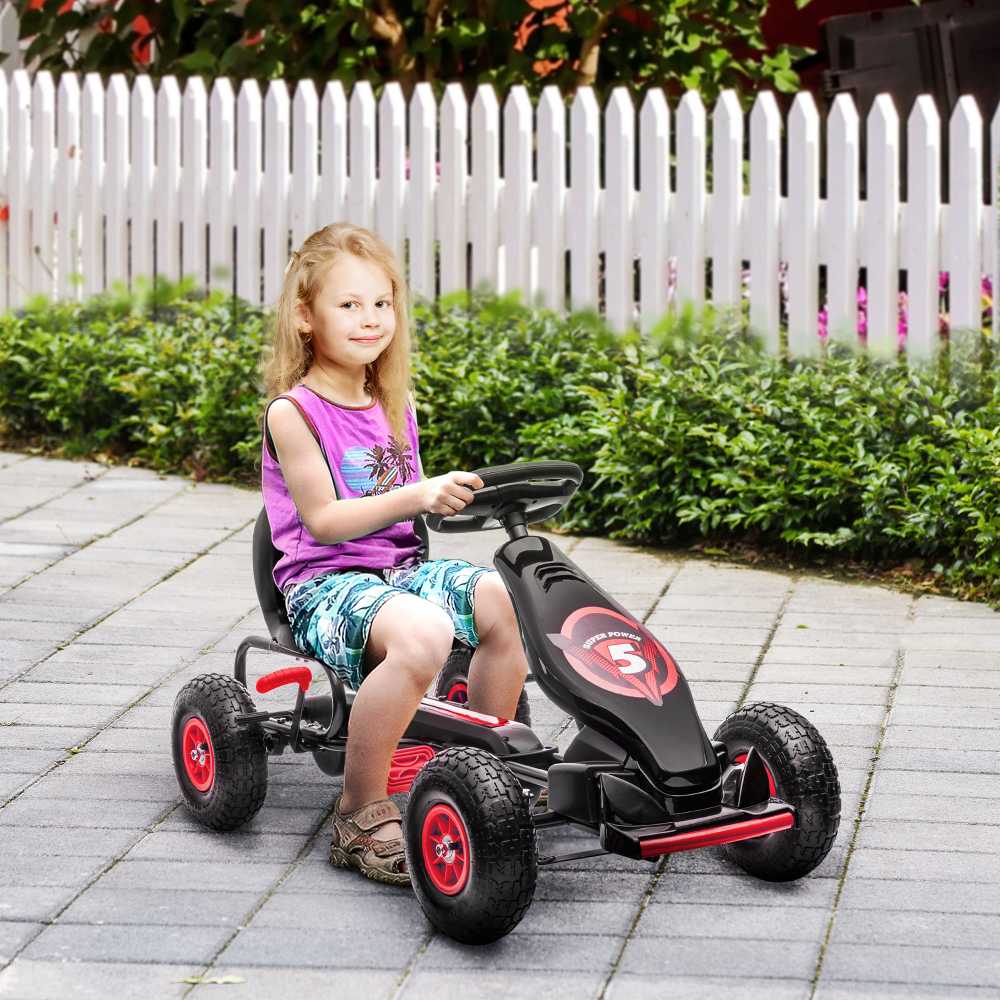 HOMCOM vaikiškas kartingas, reguliuojama sėdynė, pedalinis automobilis su guminiais ratais ir rankiniu stabdžiu, skirtas 5–12 metų vaikams, lauko pramogoms, raudona ir juoda spalva