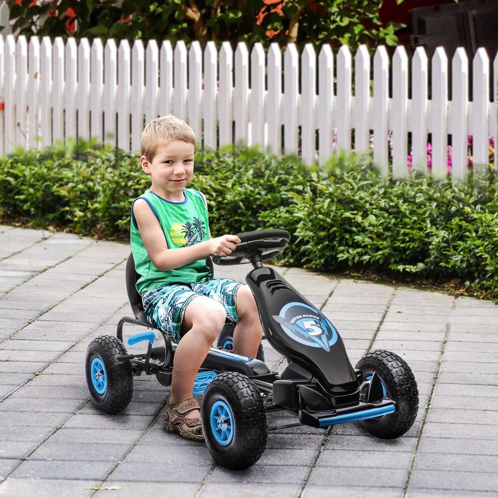 HOMCOM vaikiškas kartingas su reguliuojama sėdyne, guminiais ratais, pedalais ir rankiniu stabdžiu, nuo 5 metų, mėlyna-juoda