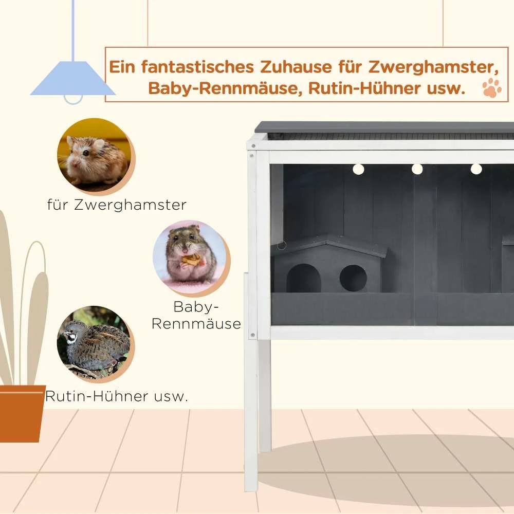 PawHut medinis žiurkėnų narvas nykštukiniams žiurkėnams, graužikų narvas, smulkių gyvūnų narvas su 2 nameliais ir priedais, didelis pelių narvas, 82 x 45 x 81 cm, pilkas