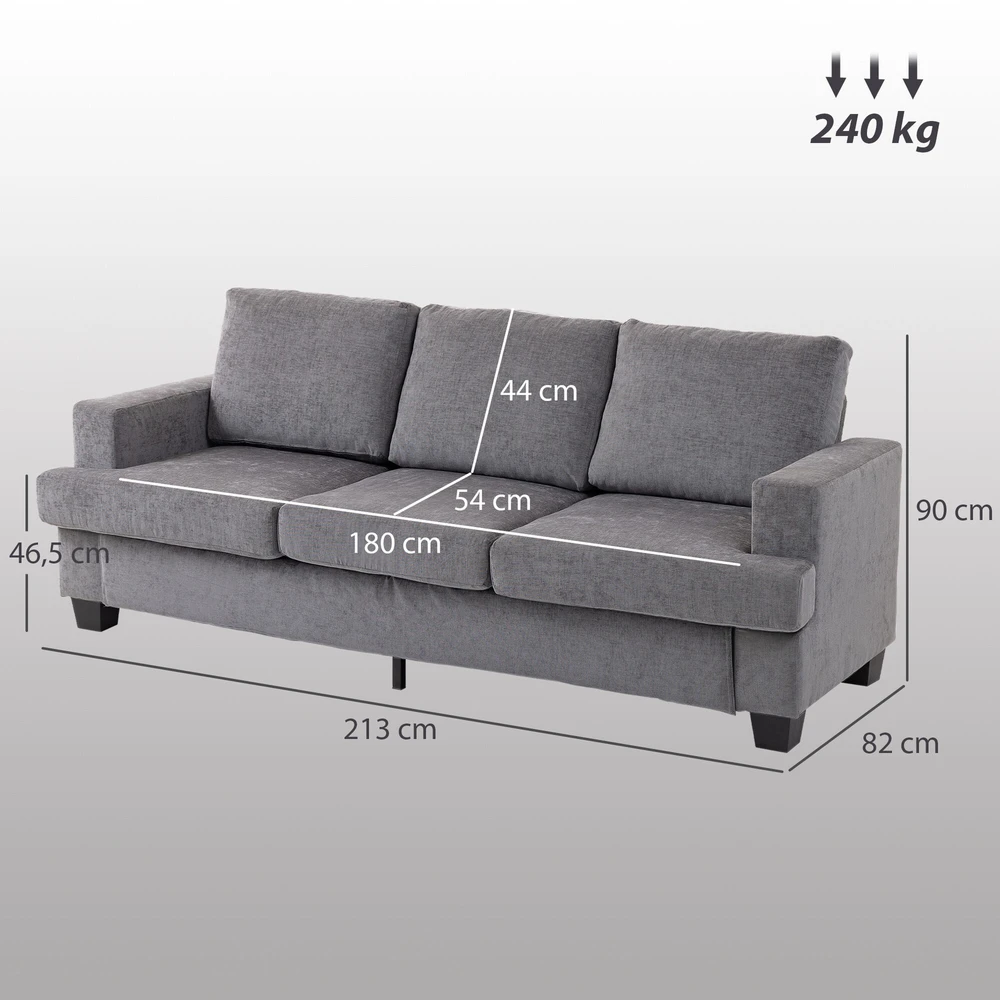 HOMCOM 3 vietų sofa, svetainės sofa 3 asmenims, medžiaginis apmušalas, plieno rėmas, minkšta sofa, pilka