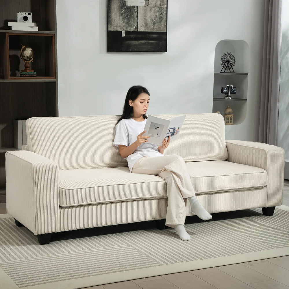 HOMCOM 3 vietų sofa, svetainės sofa su porankiais ir nugaros pagalvėmis, velveto apmušalas, spyruoklinis blokas, 227 x 84 x 87 cm, kreminė balta