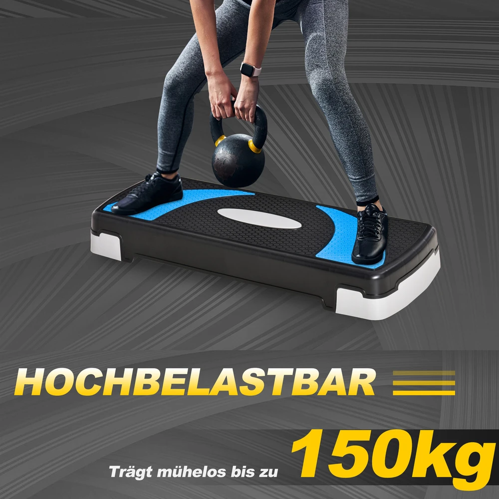 HOMCOM aerobikos platforma, reguliuojamo aukščio, 3 lygiai (10/15/20 cm), namų treniruoklis, iki 150 kg, šviesiai mėlyna, 80x31x10–20 cm