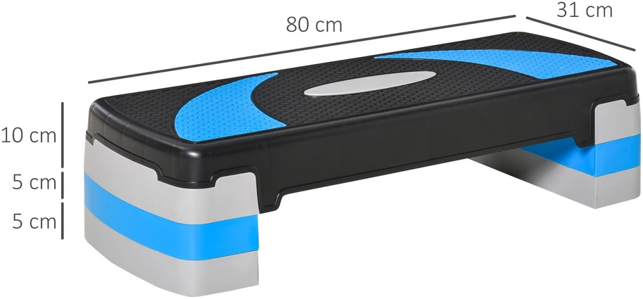 HOMCOM aerobikos platforma, reguliuojamo aukščio, 3 lygiai (10/15/20 cm), namų treniruoklis, iki 150 kg, šviesiai mėlyna, 80x31x10–20 cm