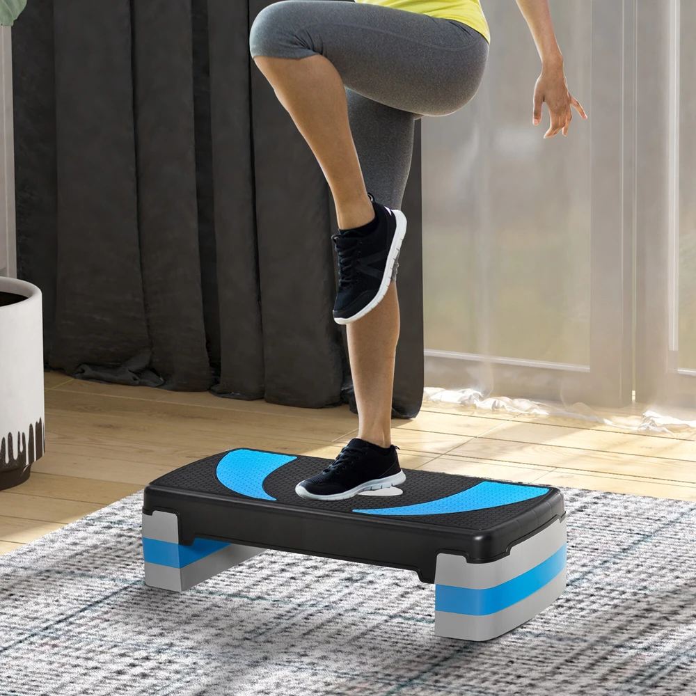 HOMCOM aerobikos platforma, reguliuojamo aukščio, 3 lygiai (10/15/20 cm), namų treniruoklis, iki 150 kg, šviesiai mėlyna, 80x31x10–20 cm
