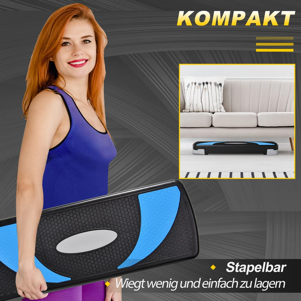 HOMCOM aerobikos platforma, reguliuojamo aukščio, 3 lygiai (10/15/20 cm), namų treniruoklis, iki 150 kg, šviesiai mėlyna, 80x31x10–20 cm