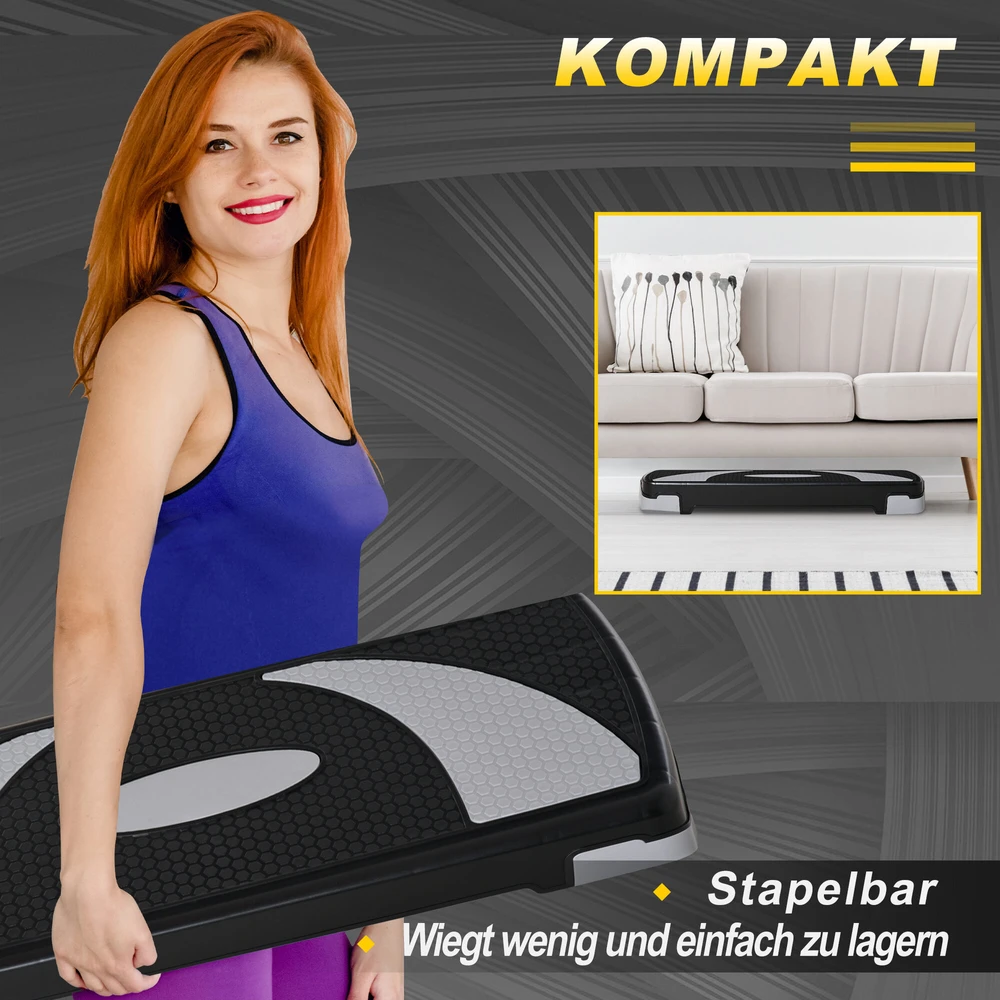 HOMCOM aerobikos stepas, reguliuojamas aukštis (10/15/20 cm), fitneso treniruoklis namams, iki 150 kg, 80x31x10-20 cm