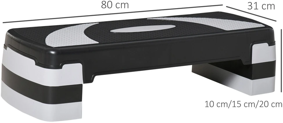 HOMCOM aerobikos stepas, reguliuojamas aukštis (10/15/20 cm), fitneso treniruoklis namams, iki 150 kg, 80x31x10-20 cm