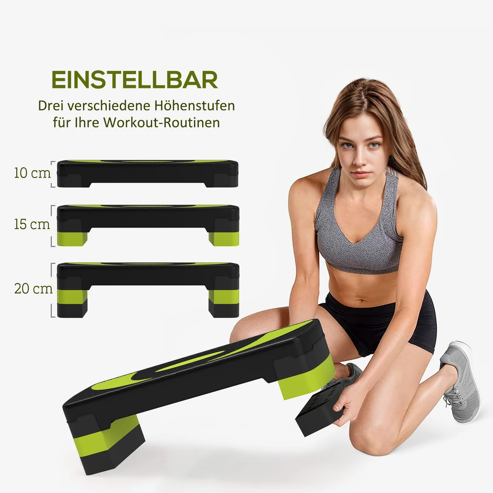 HOMCOM aerobikos step platforma, reguliuojamo aukščio, 3 lygiai (10/15/20 cm), namų treniruoklis, skirtas naudoti viduje ir lauke, apkrova iki 150 kg, žalia