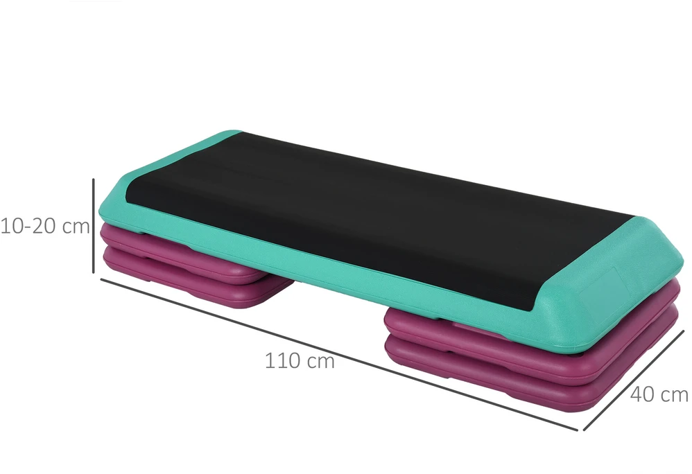 HOMCOM aerobikos ir fitneso treniruoklis stepo platforma, reguliuojamo aukščio 10 cm/15 cm/20 cm, PVC PP, juoda+žalia+violetinė, 110 x 40 x 20 cm