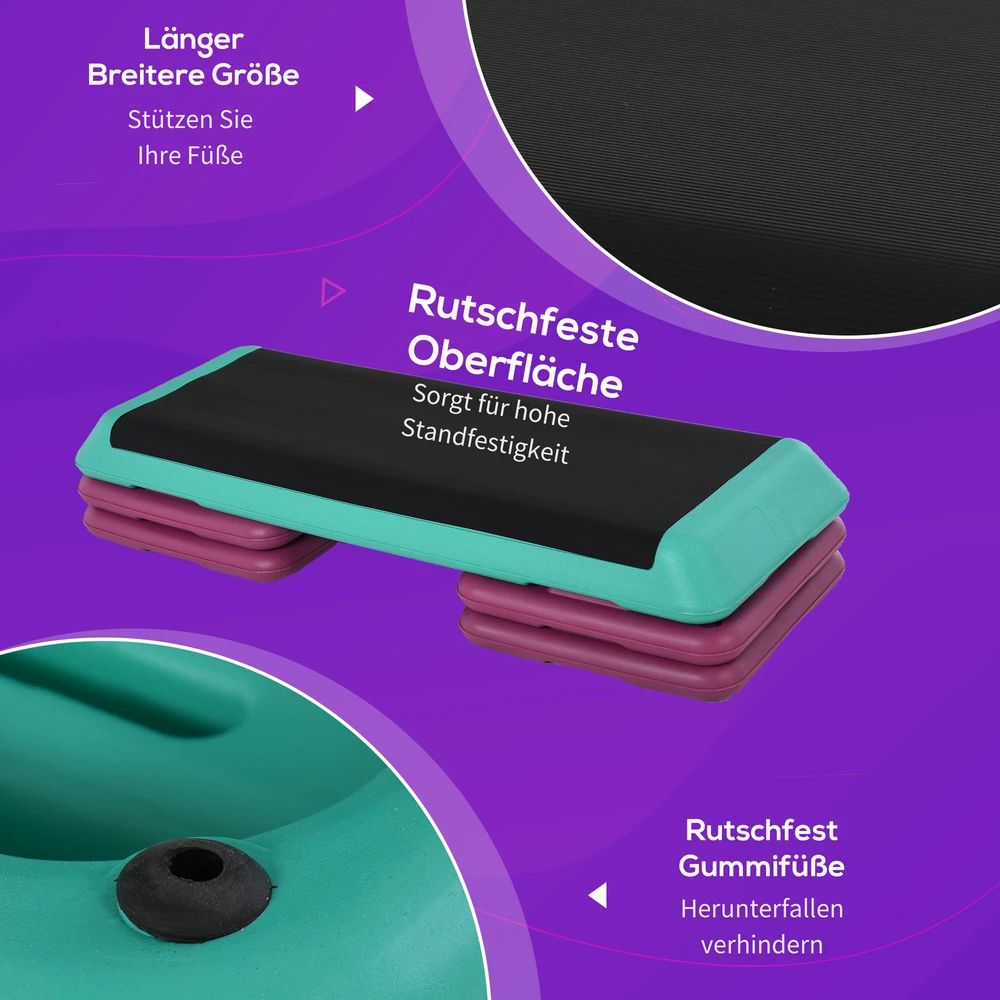 HOMCOM aerobikos ir fitneso treniruoklis stepo platforma, reguliuojamo aukščio 10 cm/15 cm/20 cm, PVC PP, juoda+žalia+violetinė, 110 x 40 x 20 cm