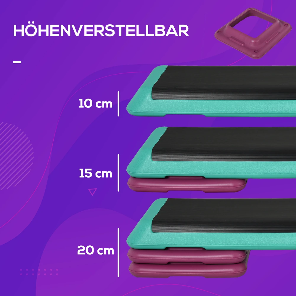 HOMCOM aerobikos ir fitneso treniruoklis stepo platforma, reguliuojamo aukščio 10 cm/15 cm/20 cm, PVC PP, juoda+žalia+violetinė, 110 x 40 x 20 cm