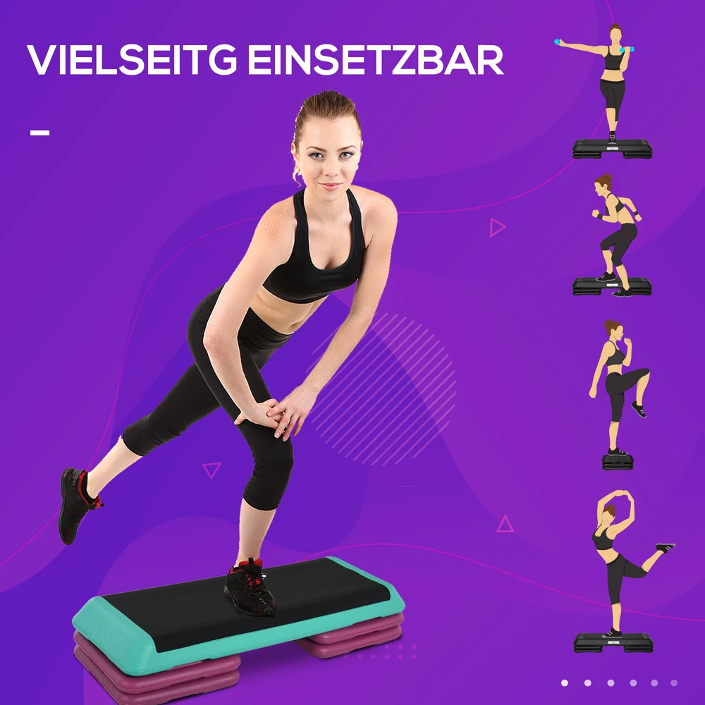 HOMCOM aerobikos ir fitneso treniruoklis stepo platforma, reguliuojamo aukščio 10 cm/15 cm/20 cm, PVC PP, juoda+žalia+violetinė, 110 x 40 x 20 cm