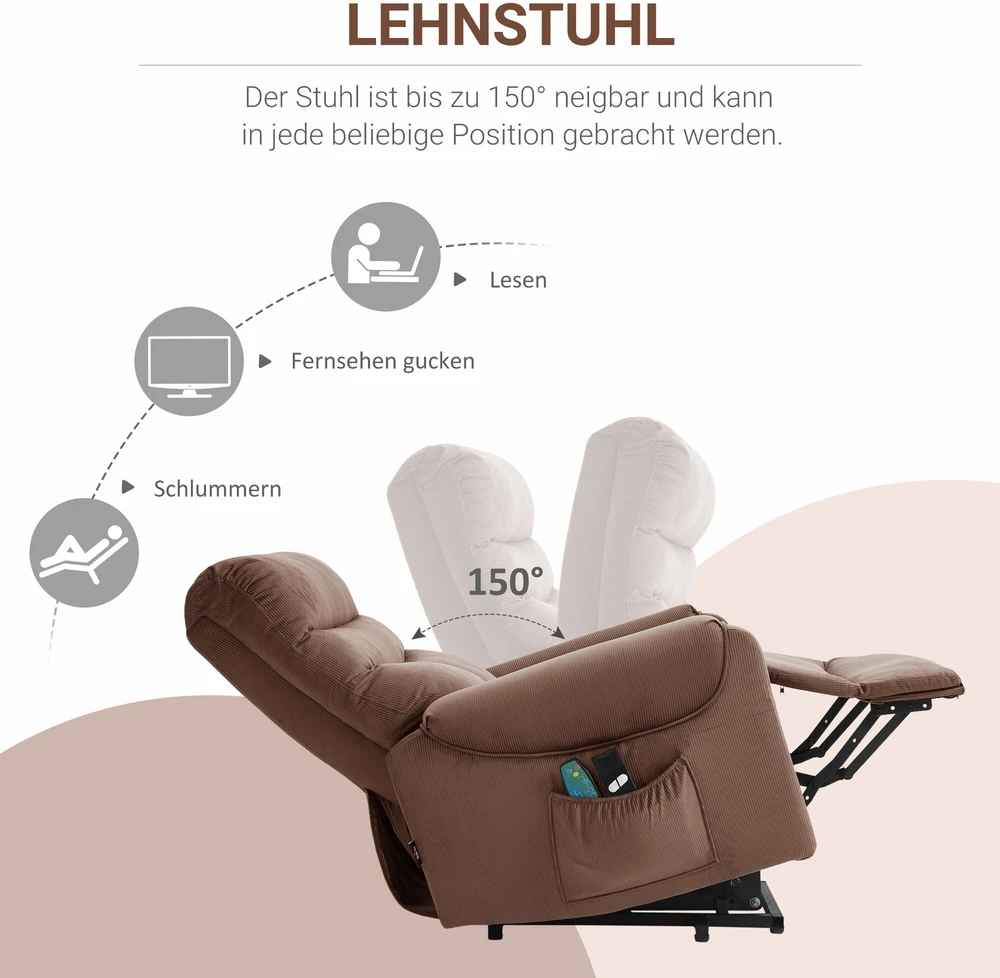 Fotelis HOMCOM elektrinis televizoriaus krėslas su kėlimo funkcija, masažo funkcija, nuotolinio valdymo pulteliu, šildymu, gulėjimo funkcija, poliesterio audiniu, metalu, šviesiai rudas, 79 x 97 x 103