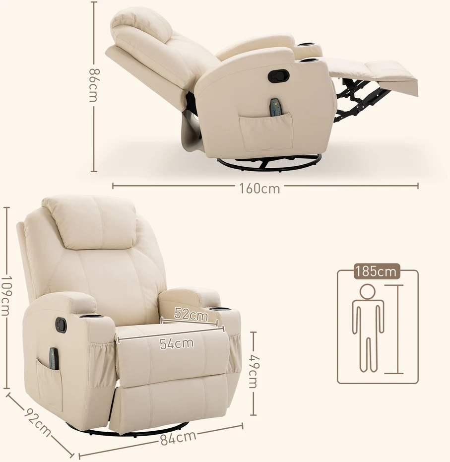 "HOMCOM Relax" fotelis su atlošimo funkcija, elektrinis masažinis fotelis, 5 masažo režimai, odos imitacija, kreminės baltos spalvos, 84x92x109cm