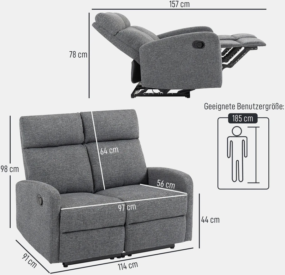 Fotelis HOMCOM 2 vietneutterflyų sofa, individualiai reguliuojami atlošai, kojų atrama, audinio apmušalas, plienas, pilka
